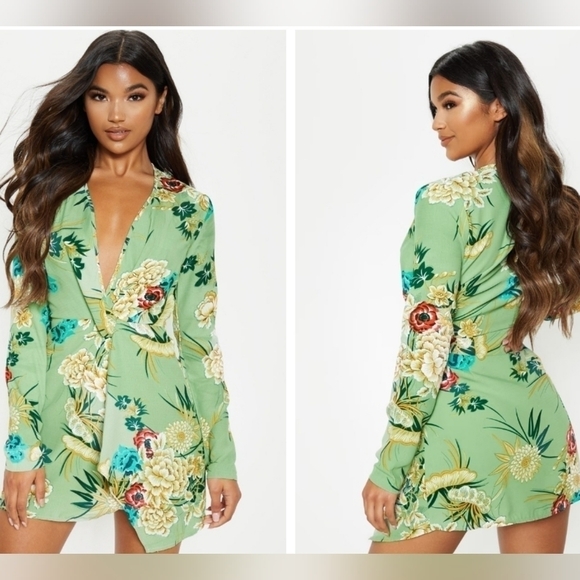NWT Pretty Little Thing Green Floral Mini Dress Size 12 - Picture 1 of 5